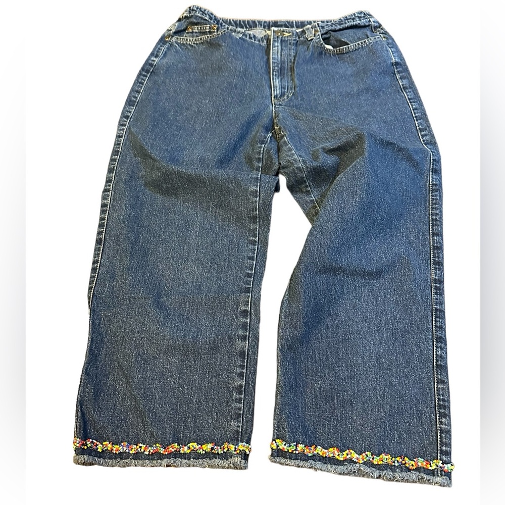 Liz Claiborne‎ LizWear size 10 Blue Capri Beaded Mid Rise Cotton Denim Jeans